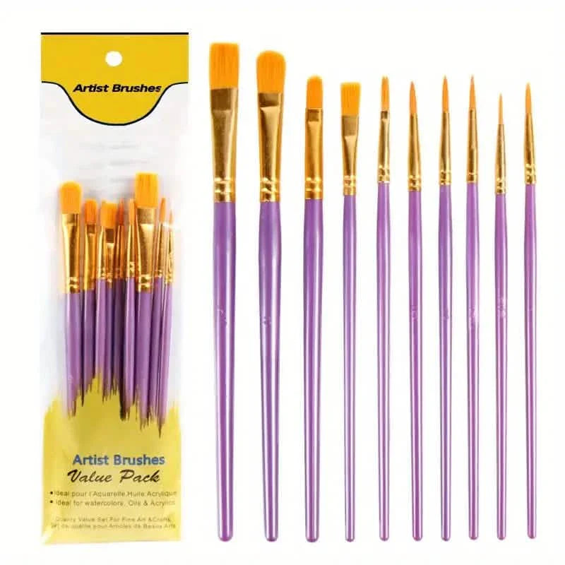 10-Pieces: Artist Paintbrush Nylon Round Pointed Flat Head Set