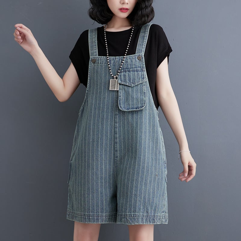 "Summer Women's Large Vertical Stripe Denim Strap Shorts"