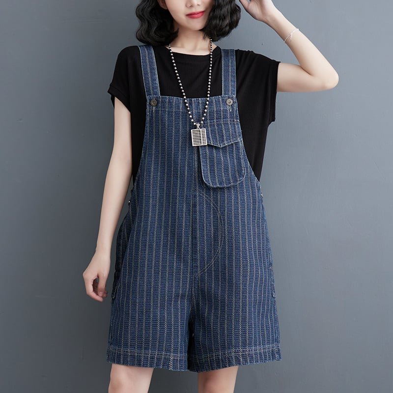 "Summer Women's Large Vertical Stripe Denim Strap Shorts"