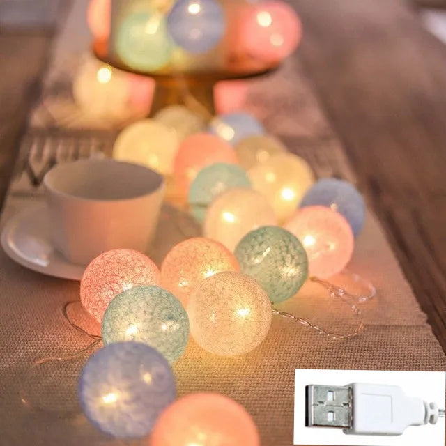 10/20/30 LED Cotton Ball String Lights – USB & Battery Fairy Lights for Home, Wedding, Party, Christmas