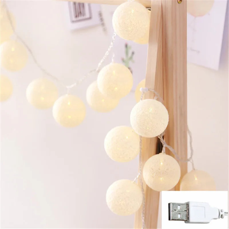 10/20/30 LED Cotton Ball String Lights – USB & Battery Fairy Lights for Home, Wedding, Party, Christmas