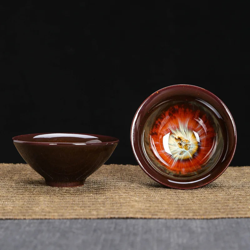 1-Pc Temmoku Glaze Jian Zhan Porcelain Kung Fu Tea Cup - Handmade Ceramic Teacup for Oolong & Pu'er