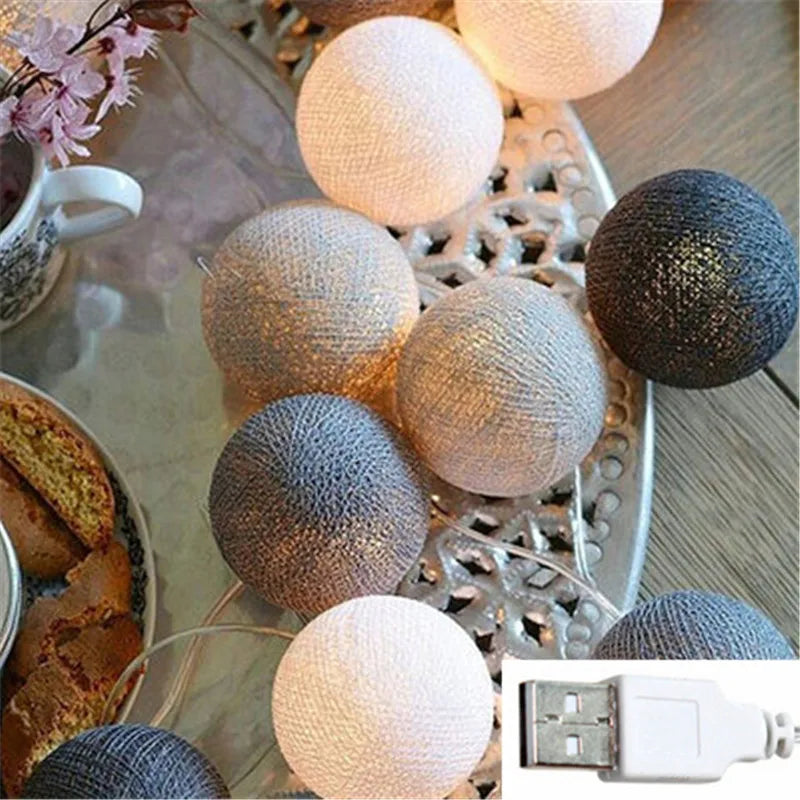 10/20/30 LED Cotton Ball String Lights – USB & Battery Fairy Lights for Home, Wedding, Party, Christmas