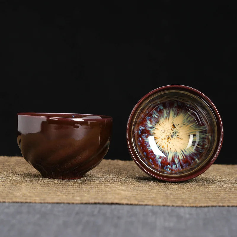 1-Pc Temmoku Glaze Jian Zhan Porcelain Kung Fu Tea Cup - Handmade Ceramic Teacup for Oolong & Pu'er