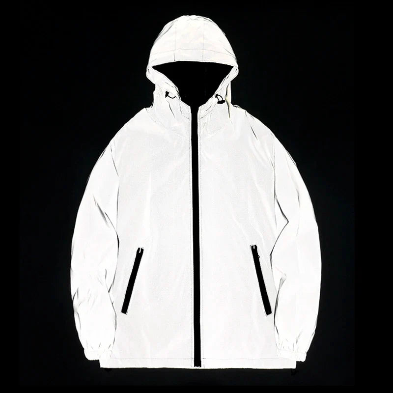 Men's Reflective Dual-Layer Windbreaker Jacket Hooded Waterproof Zip Coat