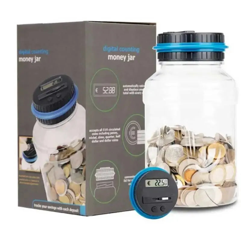 1.8L (61 fl oz) Transparent Coin Bank with Smart Coin Counter – Large Capacity Money Jar for USD EUR GBP