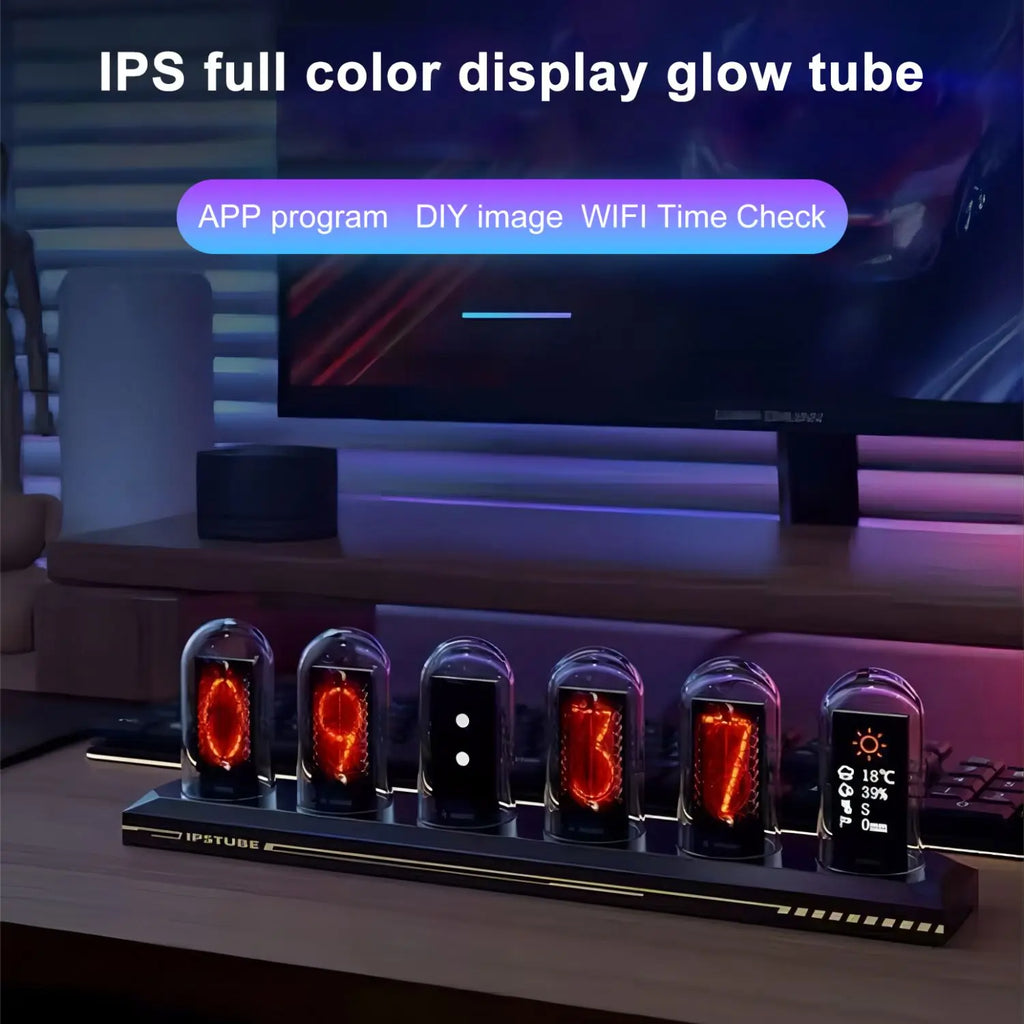 RGB Nixie Tube Desk Clock 1.14-inch IPS Color Screen — Smart WiFi USB-C LED Tube Night Light, Digital Alarm, Photo Album & Weather