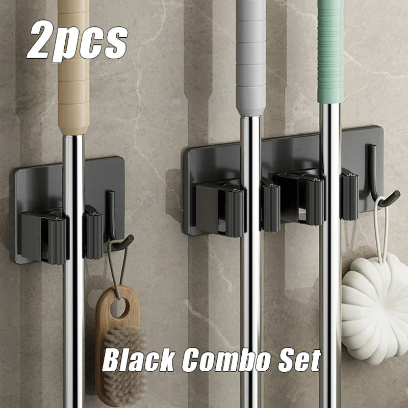 1-3 Pack Stainless Steel Nail-Free Wall Mounted Mop & Broom Holder Waterproof Bathroom Storage Rack