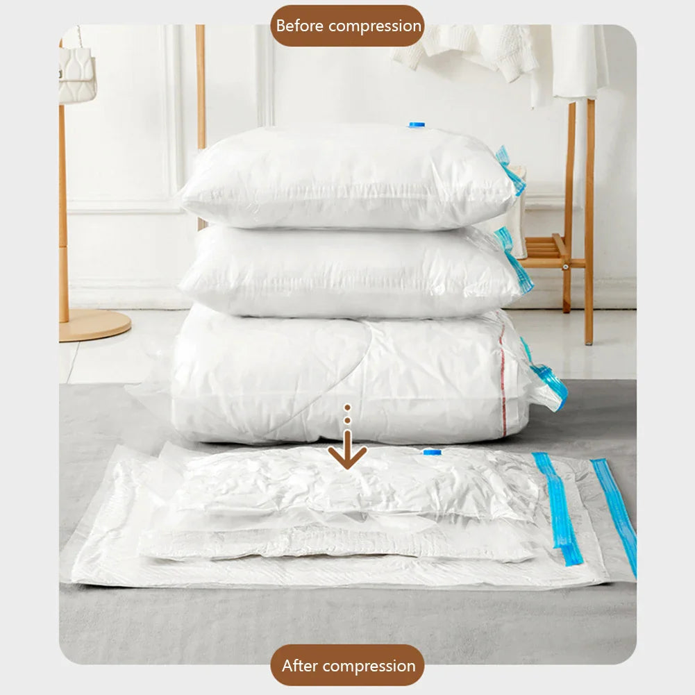 7 Sizes Reusable Vacuum Storage Bags with Hand Pump – Space-Saving Compression Bags for Clothes, Blankets & Bedding