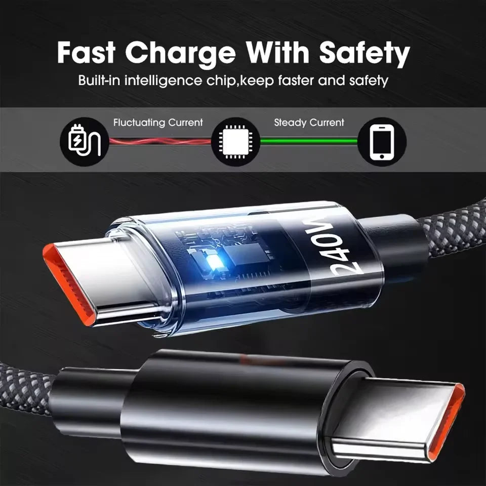 0.25/1/1.5/2M 240W Nylon USB C PD Super Fast Charging Data Cable With LED Display USB To Type C Quick Charge Data Cords New