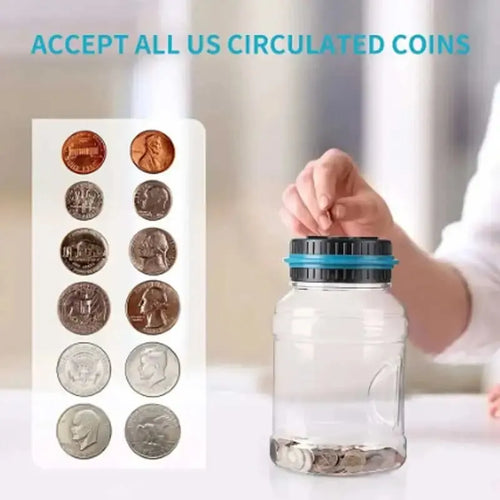 1.8L (61 fl oz) Smart Coin Counter Jar - Transparent Large Capacity Money Bank for USD, Euro, Pound Sterling