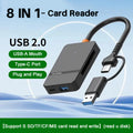 8-in-1 Card Reader USB3.0 Hub CF/SD/MS/TF Memory Card Reader for PC iPhone15 16 Trail Camera Converter External USB Flash Drive