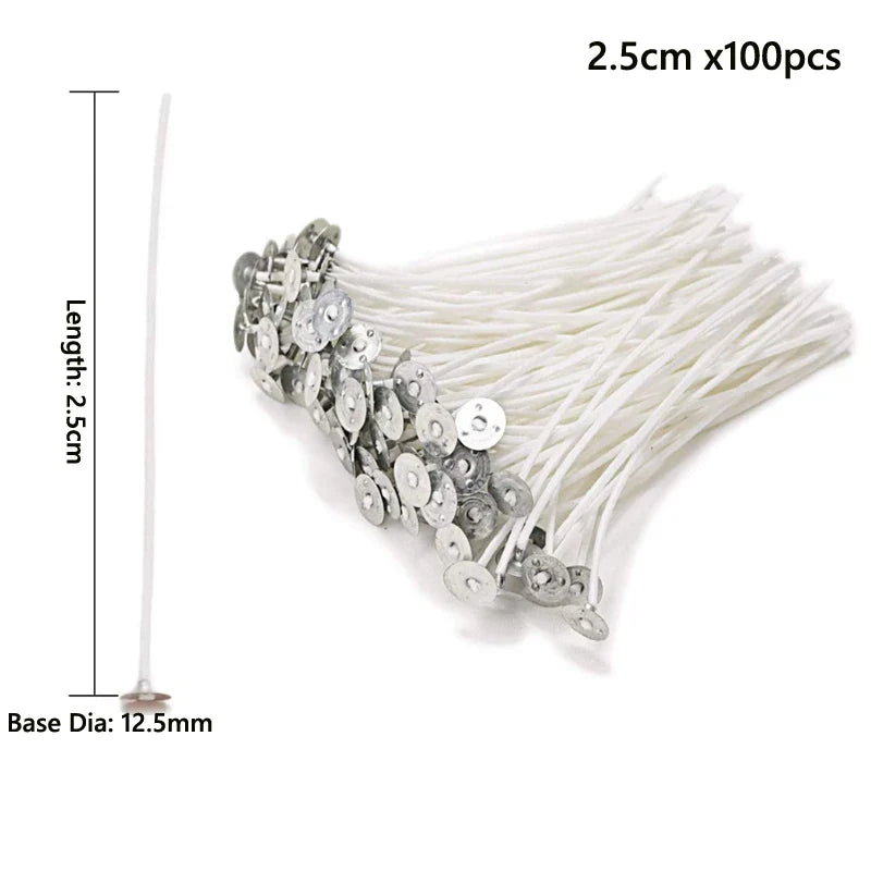 100-Pack Pre-Waxed Cotton Candle Wicks with Metal Sustainer Tabs — 2.5–20 cm (1–7.9 in) Smokeless DIY Candle Making