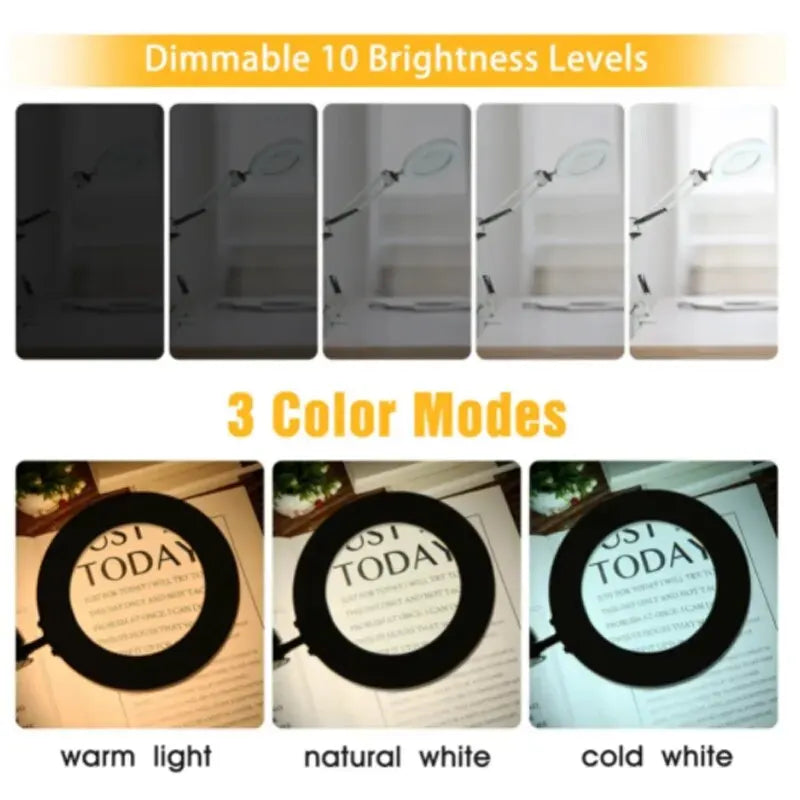 72-LED USB Magnifying Lamp 8X/10X 4.2in (106mm) Glass Lens Dimmable 3-Color LED Magnifier with Adjustable Arm & Clamp for Soldering Repair Crafts Beauty