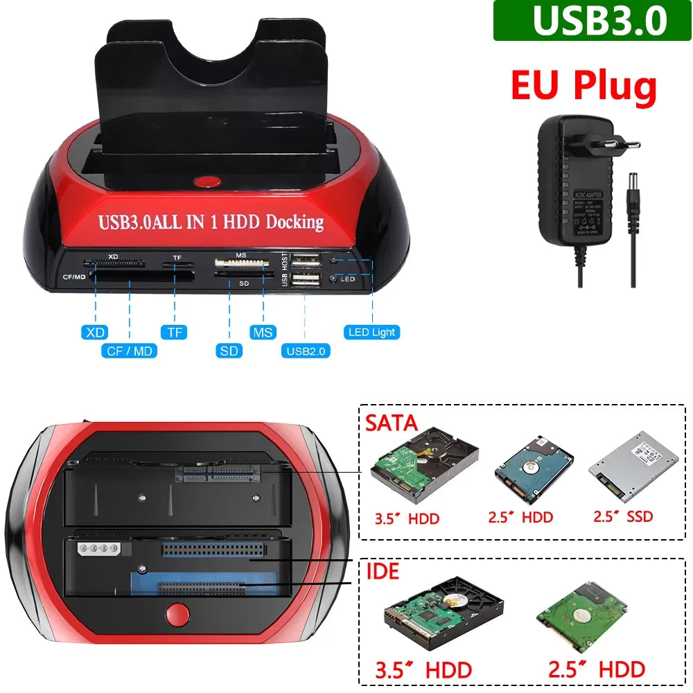 10-in-1 Dual-Bay HDD Docking Station USB 3.0 (5Gbps) for 2.5"/3.5" HDD & SSD, TF/SD Card Reader with 12V 3A Adapter