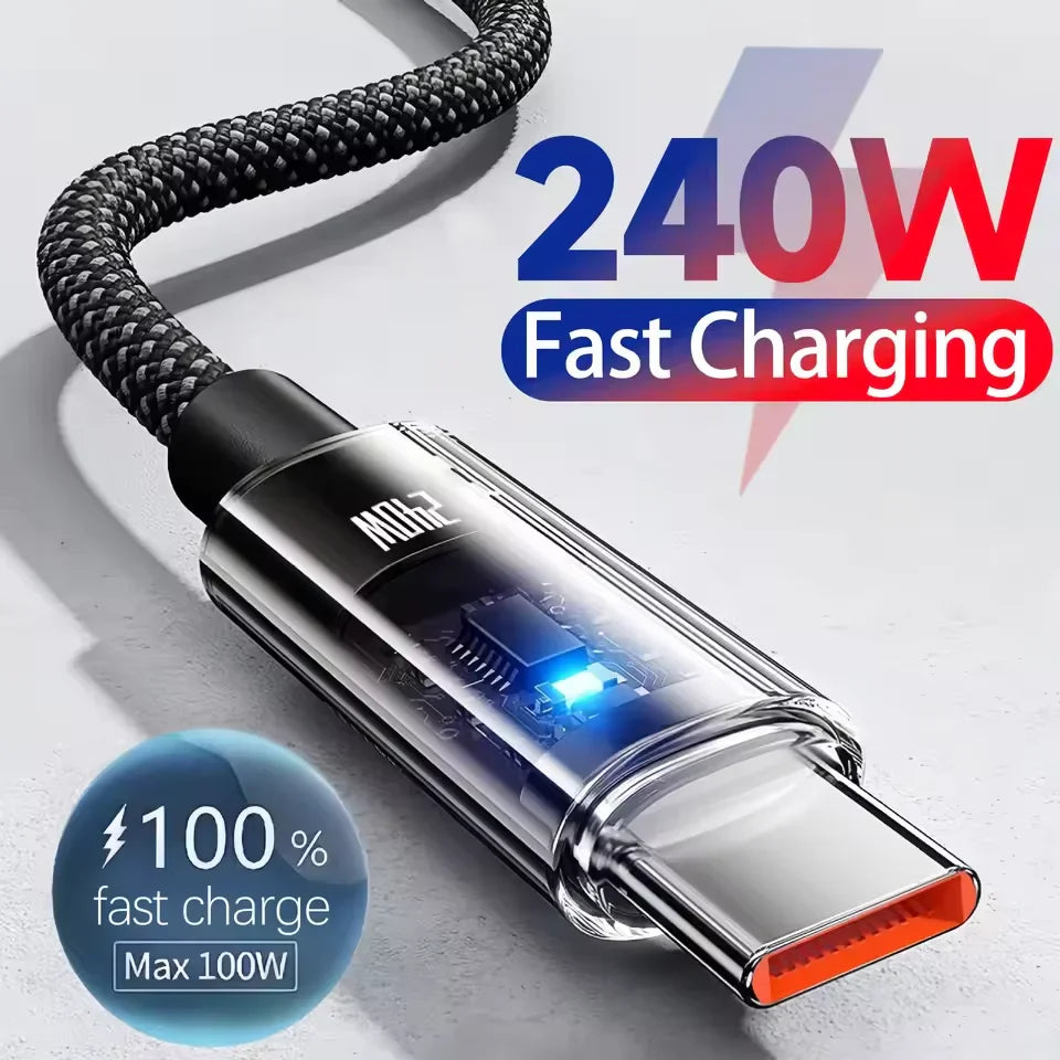 240W USB-C PD Fast Charging Cable with LED Power Display — Nylon Braided USB to USB-C, 0.25/1/1.5/2 m (0.82/3.28/4.92/6.56 ft), Up to 6A Quick Charge
