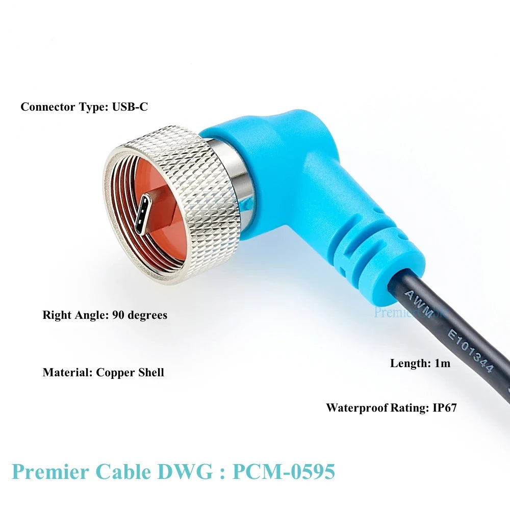 Rugged Waterproof USB C Cable 90 Degree Right Angled Ruggdized IP67 Type C Male to C Male 90 Degree Elbow Sealed USB C Cable