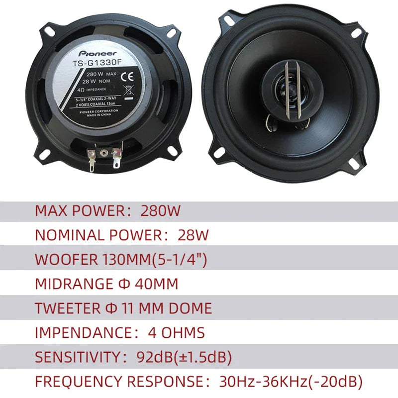 5.25-Inch (130mm) 5-Way Coaxial Car Speakers Pair — 560W (2 × 280W) Full-Range Hi‑Fi Car Audio