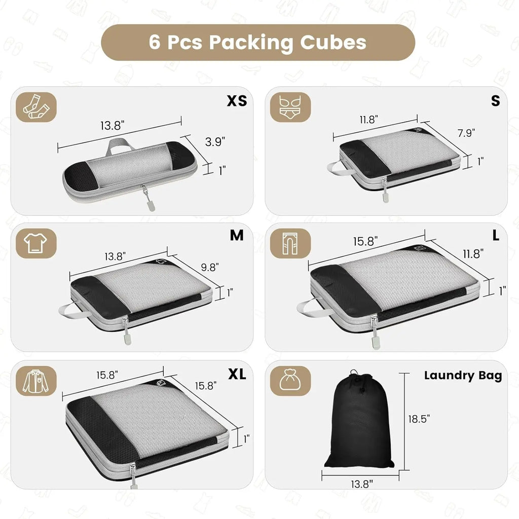 6-Piece Travel Compression Packing Cubes Set with Shoe Bag - Mesh Lightweight Luggage Organizers