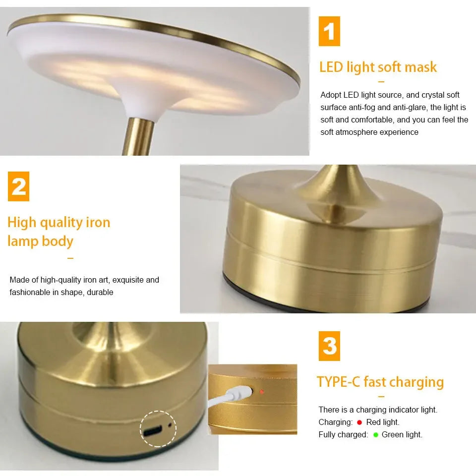 LED Touch Desk Lamp, Rechargeable Dimmable Metal & Crystal Table Light — 3-Color Portable USB for Office Bedroom Living Room