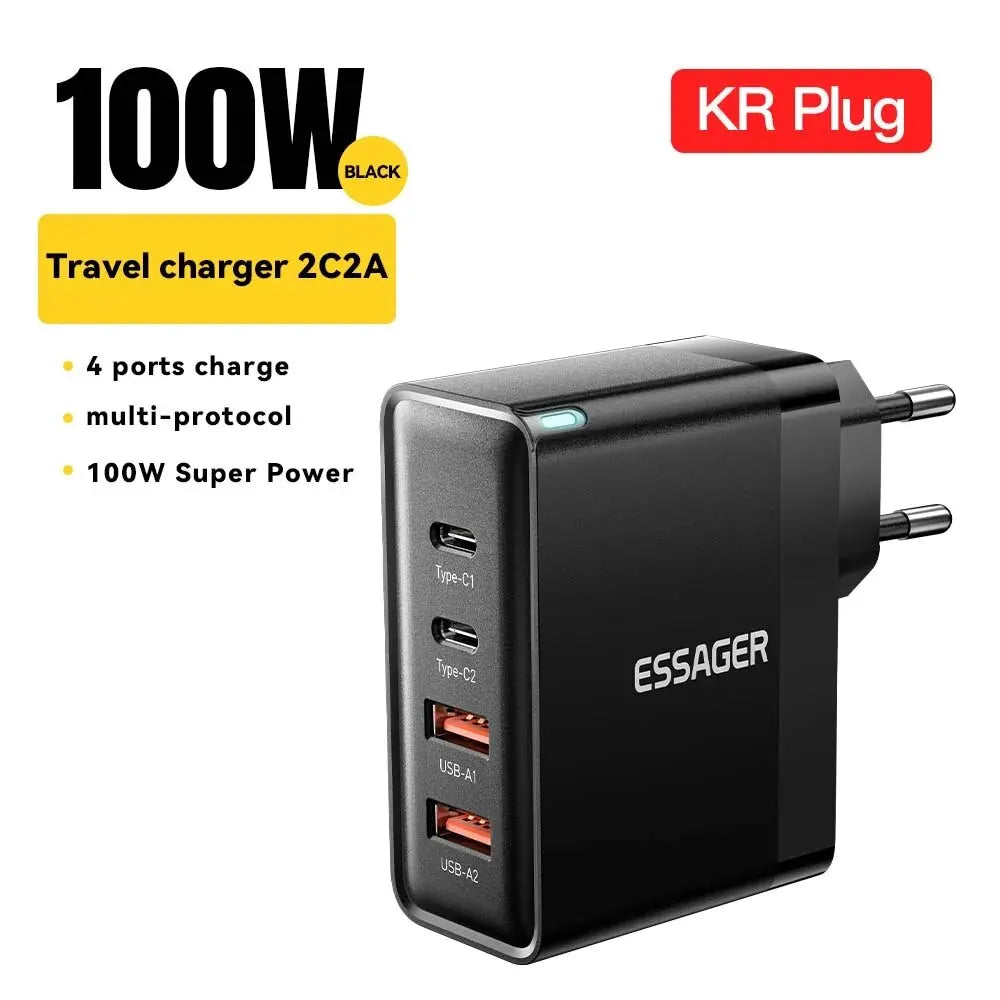 100W GaN 4-Port USB-C PD & QC Fast Charger (2 USB-C, 2 USB-A) — Power Delivery for Laptops, Phones & Tablets