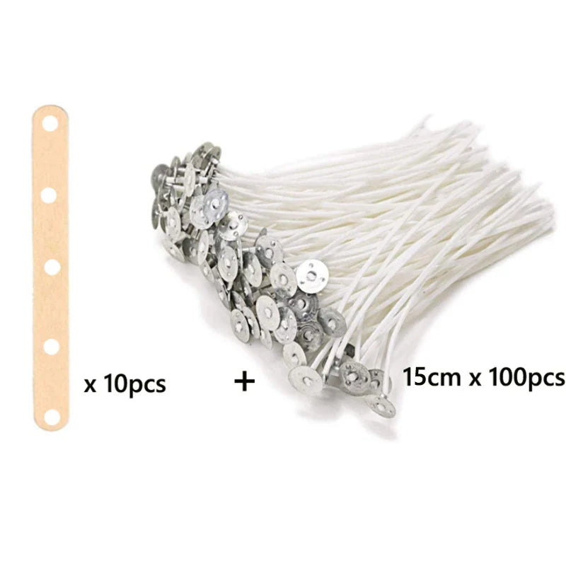 100-Pack Pre-Waxed Cotton Candle Wicks with Metal Sustainer Tabs — 2.5–20 cm (1–7.9 in) Smokeless DIY Candle Making