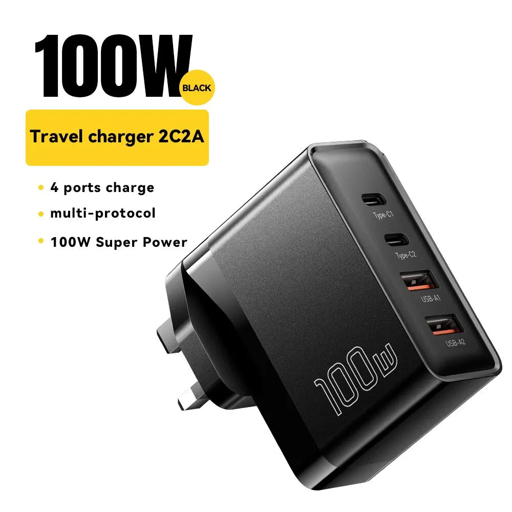 100W GaN 4-Port USB-C PD & QC Fast Charger (2 USB-C, 2 USB-A) — Power Delivery for Laptops, Phones & Tablets