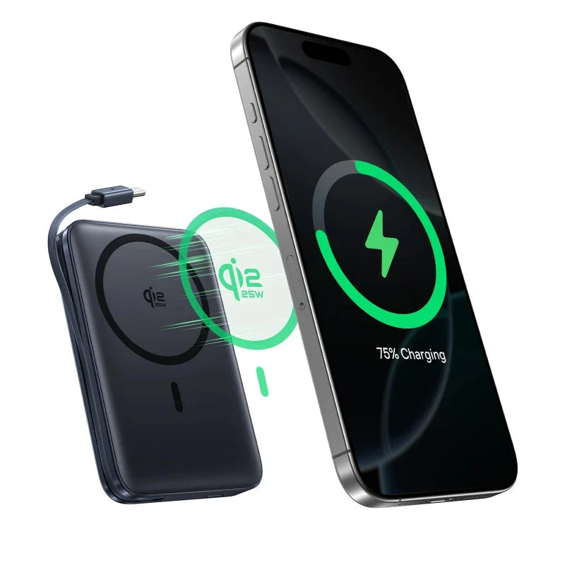 10000mAh 45W Magnetic Wireless Power Bank — 25W Qi2.2 MagSafe-Compatible Portable Charger with Built-In USB-C Cable
