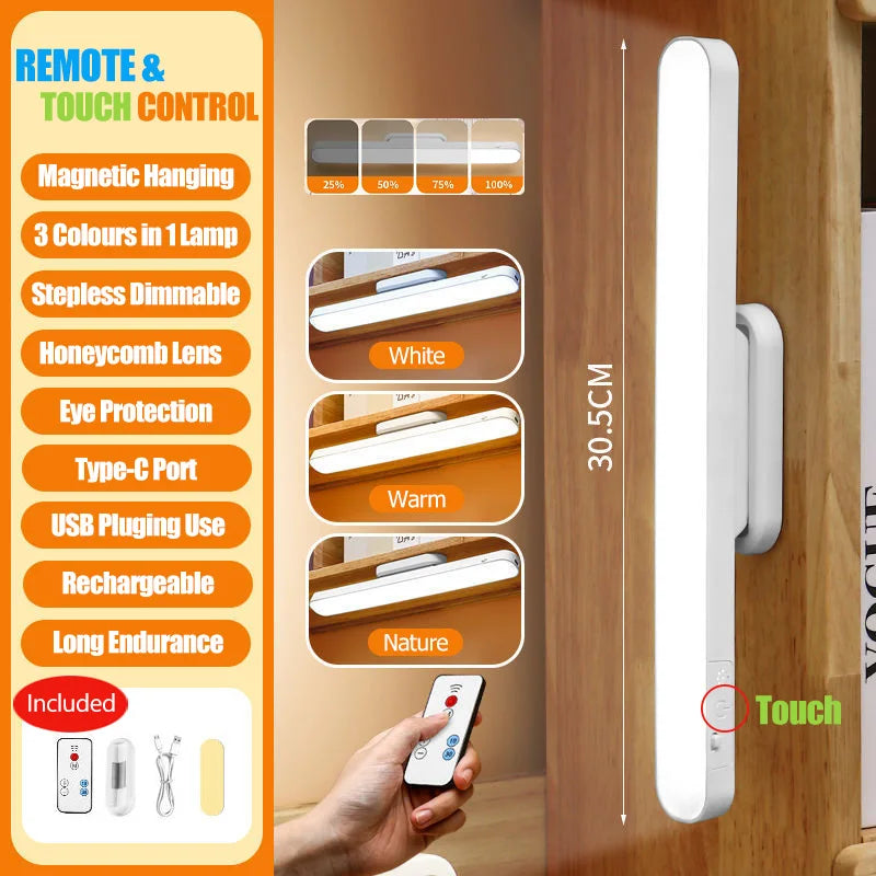 USB Rechargeable Magnetic LED Desk Lamp - 3-Color Dimmable Touch & Remote Night Light for Cabinet Closet Wardrobe