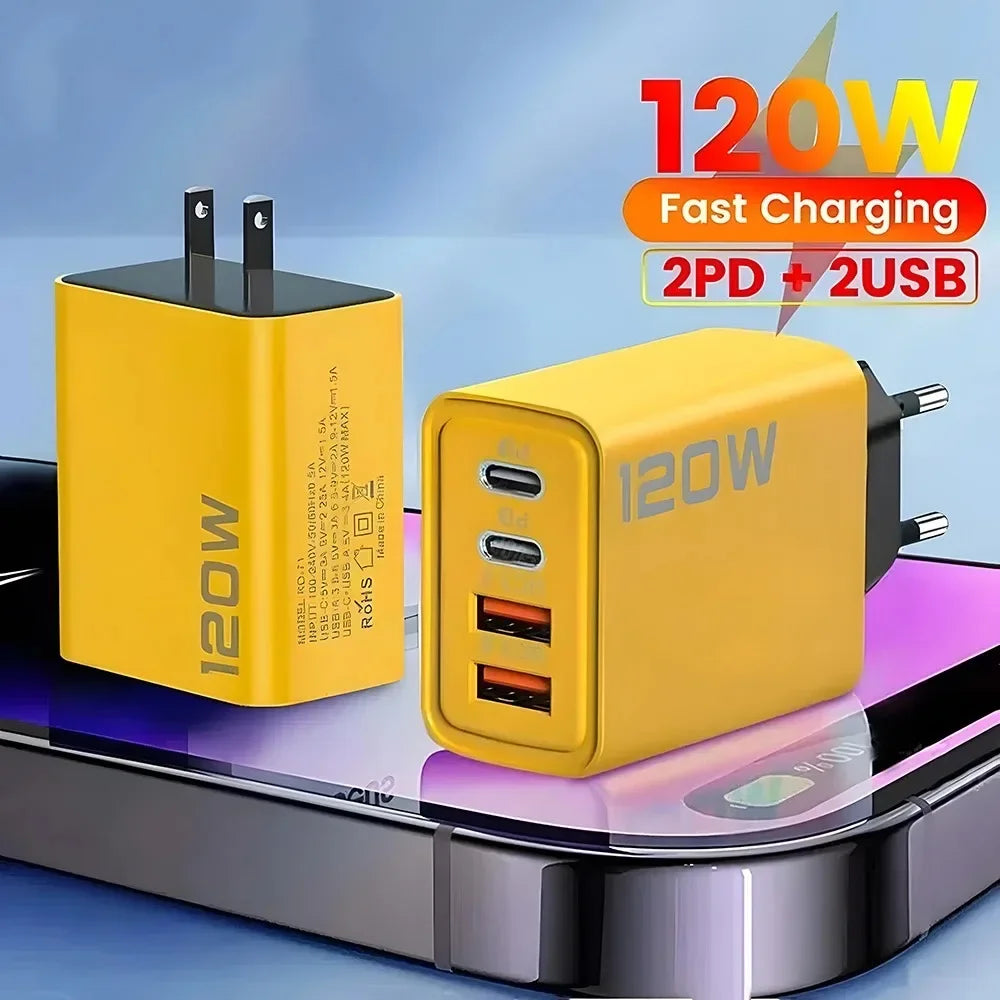 120W 4-Port PD Fast Charger Wall Adapter – 2 USB-C & 2 USB-A Quick Charge with US/EU Plugs