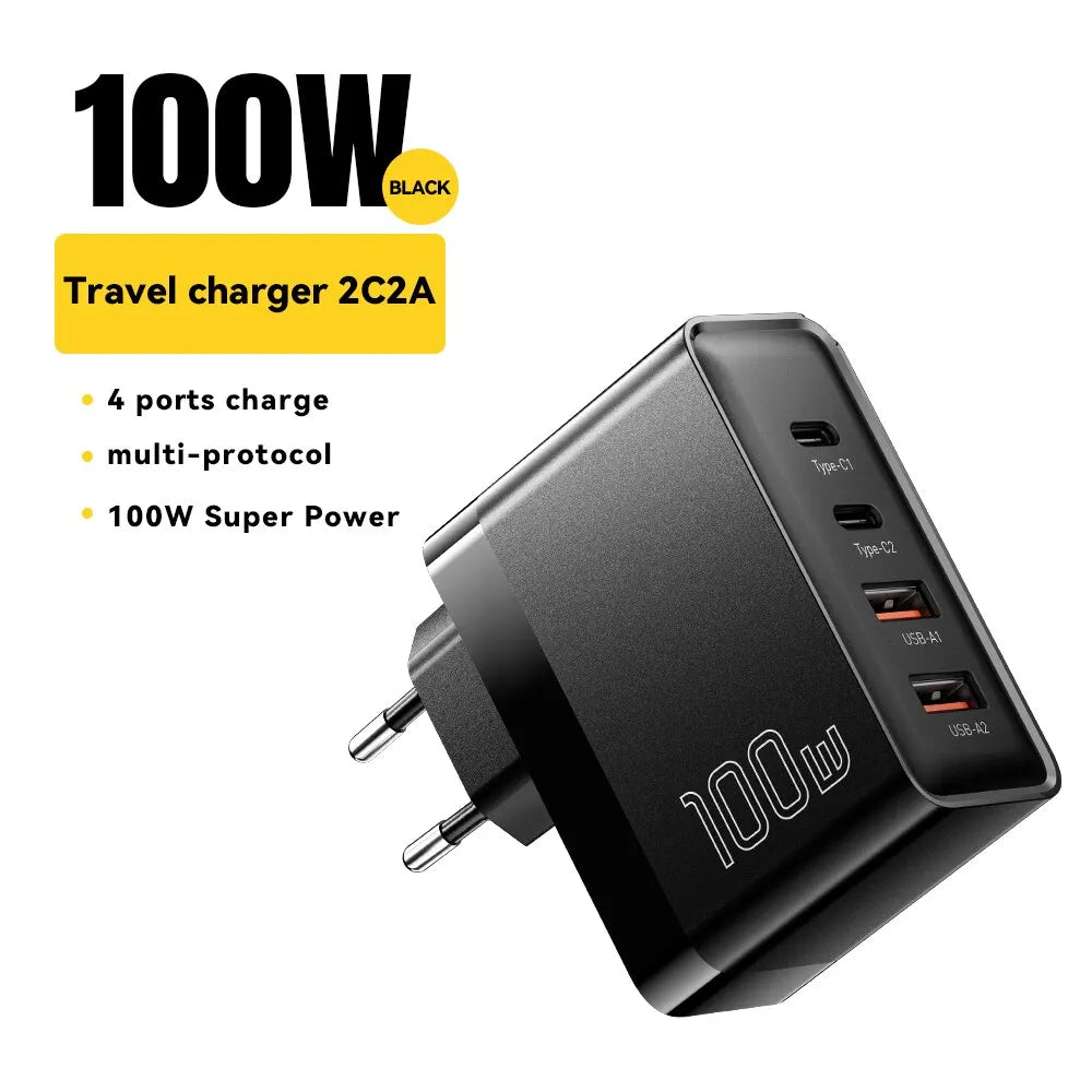 100W GaN 4-Port USB-C PD & QC Fast Charger (2 USB-C, 2 USB-A) — Power Delivery for Laptops, Phones & Tablets