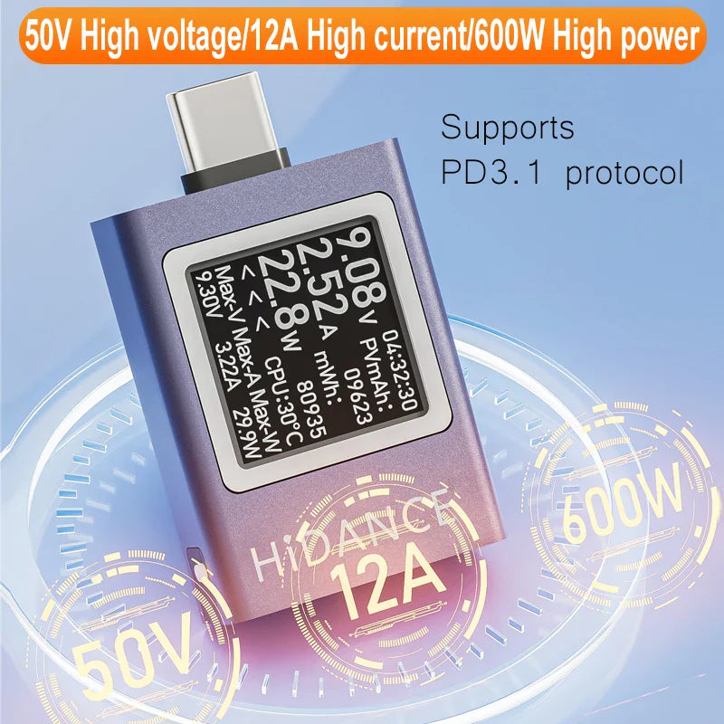 13-in-1 USB-C DC Power Meter Tester 4.5–50V 0–12A PD3.1 PPS QC Fast Charge Ammeter