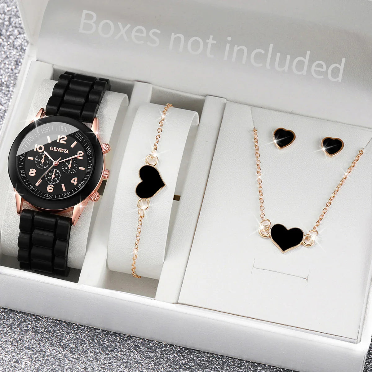 5/6-Piece Women's Quartz Watch Jewelry Gift Set – Silicone Band Watch with Bracelet, Necklace & Earrings