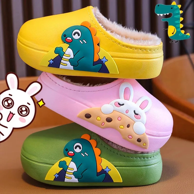 Unisex Kids Plush Waterproof Slippers - Thickened Anti-Slip Animal Print Home Slippers for Boys & Girls, Sizes 16–37 (12–22.5 cm / 4.7–8.9 in)