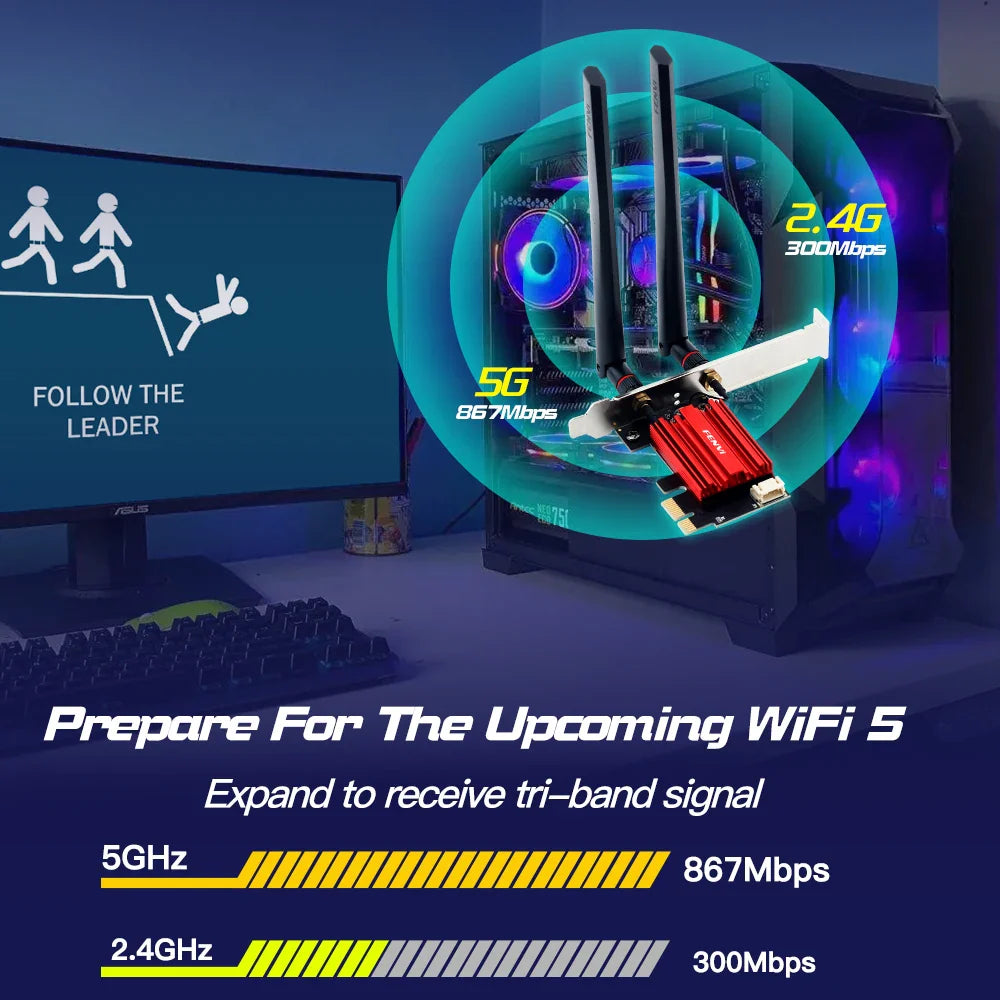 AC1200 WiFi 5 PCIe Adapter Dual-Band 2.4/5GHz Wireless Network Card with Bluetooth for Desktop Windows 7/10/11