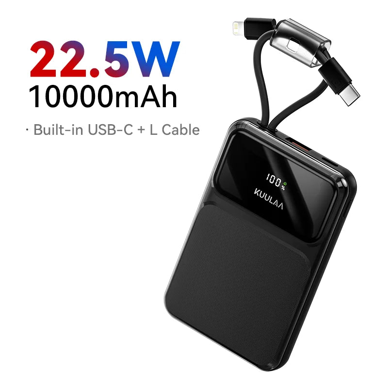 10000mAh 22.5W Fast Charging Portable Power Bank — Built-in USB-C & Lightning Cables, Digital Display, 4-Device Output