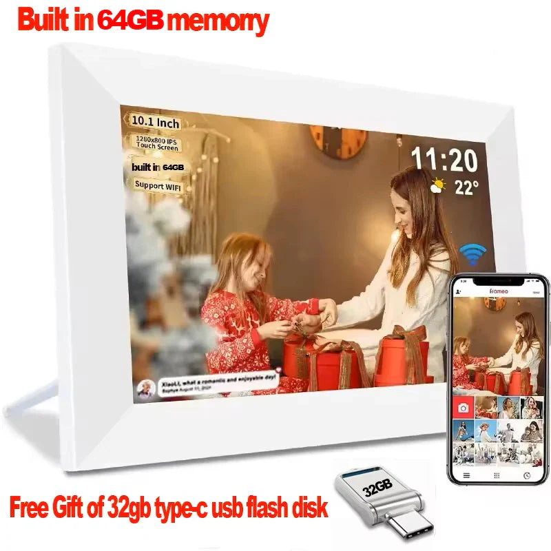 10.1 Inch (25.7 cm) 64GB WiFi Digital Photo Frame 1280x800 IPS HD Touchscreen Wall Mountable