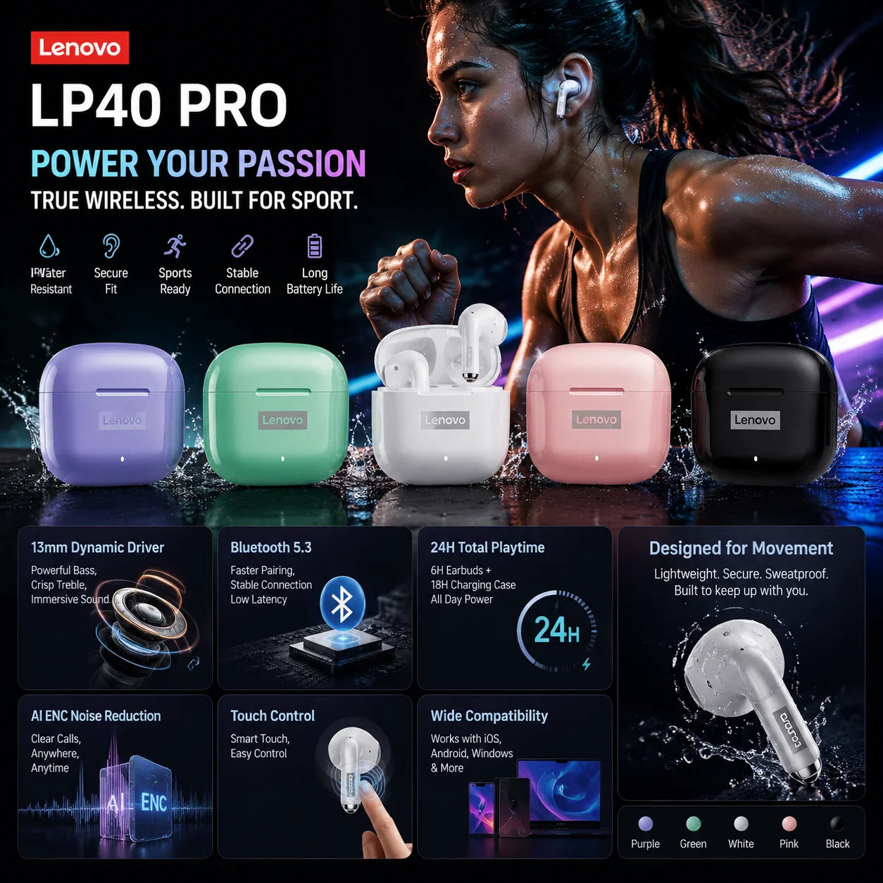 NEW Lenovo LP40 Pro TWS Bluetooth 5.3 Quick Connect Earphones  Ergonomic  Design  Headphones Powerful Transmission Speed Headset