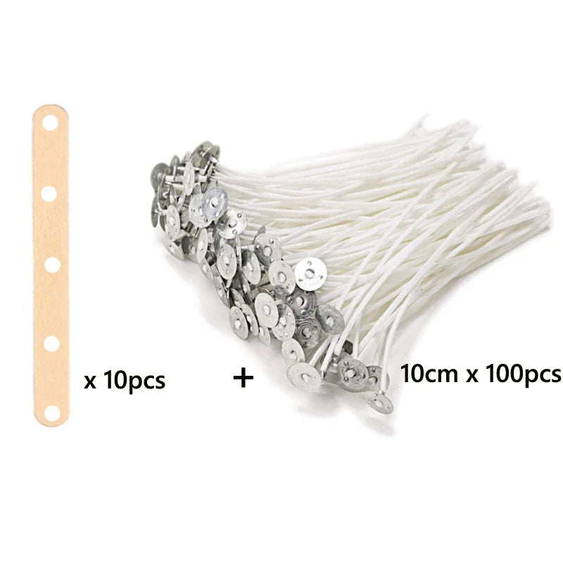 100-Pack Pre-Waxed Cotton Candle Wicks with Metal Sustainer Tabs — 2.5–20 cm (1–7.9 in) Smokeless DIY Candle Making
