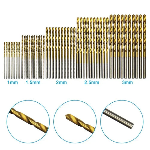 100-Piece Twist Drill Bit Set 1–3mm (0.04–0.12 in) Titanium Plated + Natural Finish for Wood & Metal, Handheld & Electric Drills