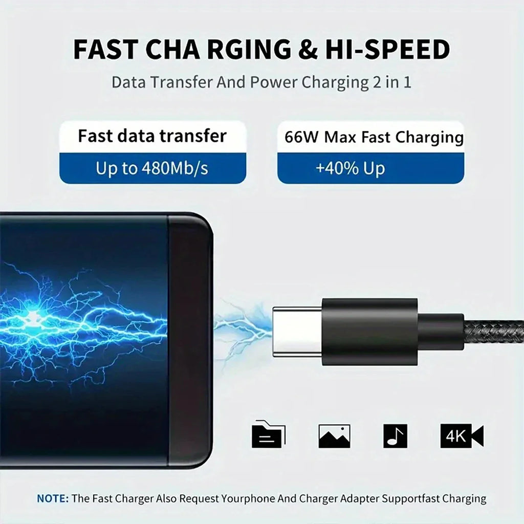 66W 5A Nylon USB-C to USB-C Fast Charging Cable — 1m/3.3ft, 2m/6.6ft, 3m/9.8ft | Braided PD Quick Charge for USB-C Devices