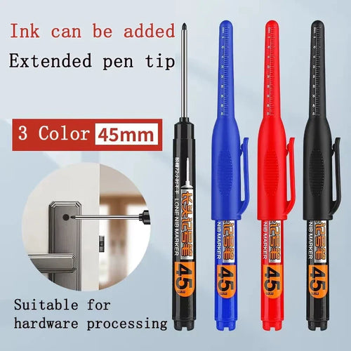 10-Pack 45mm Waterproof Permanent Marker Pens – Long-Head Quick-Dry for Woodworking & Construction, Deep-Hole Marking, Non-Toxic Black Red Blue