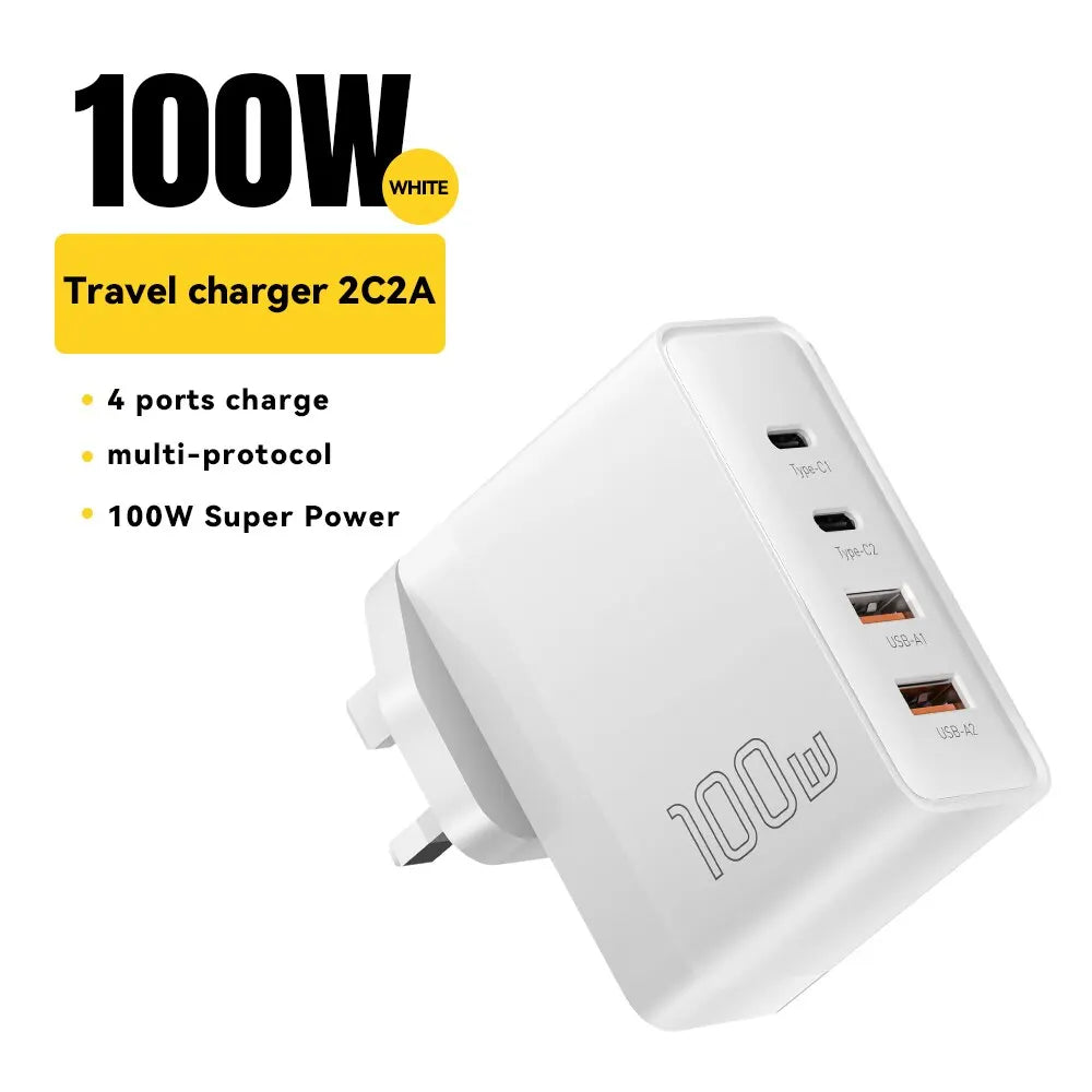 100W GaN 4-Port USB-C PD & QC Fast Charger (2 USB-C, 2 USB-A) — Power Delivery for Laptops, Phones & Tablets