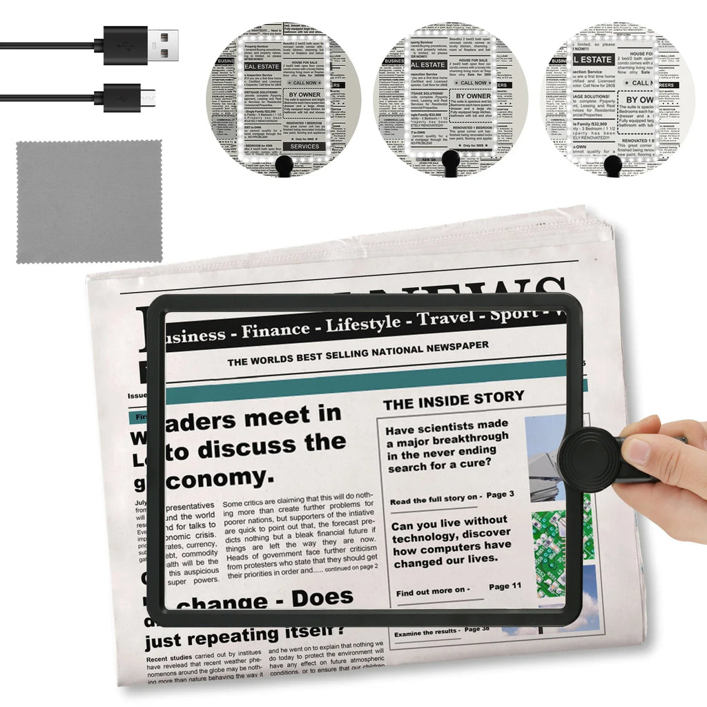 5X Hands-Free Neck Magnifier with LED Light — 9.4×6.5 in (240×170 mm) Large Reading Lens, Dimmable & Rechargeable, 3-in-1 Neck/Handheld/Stand