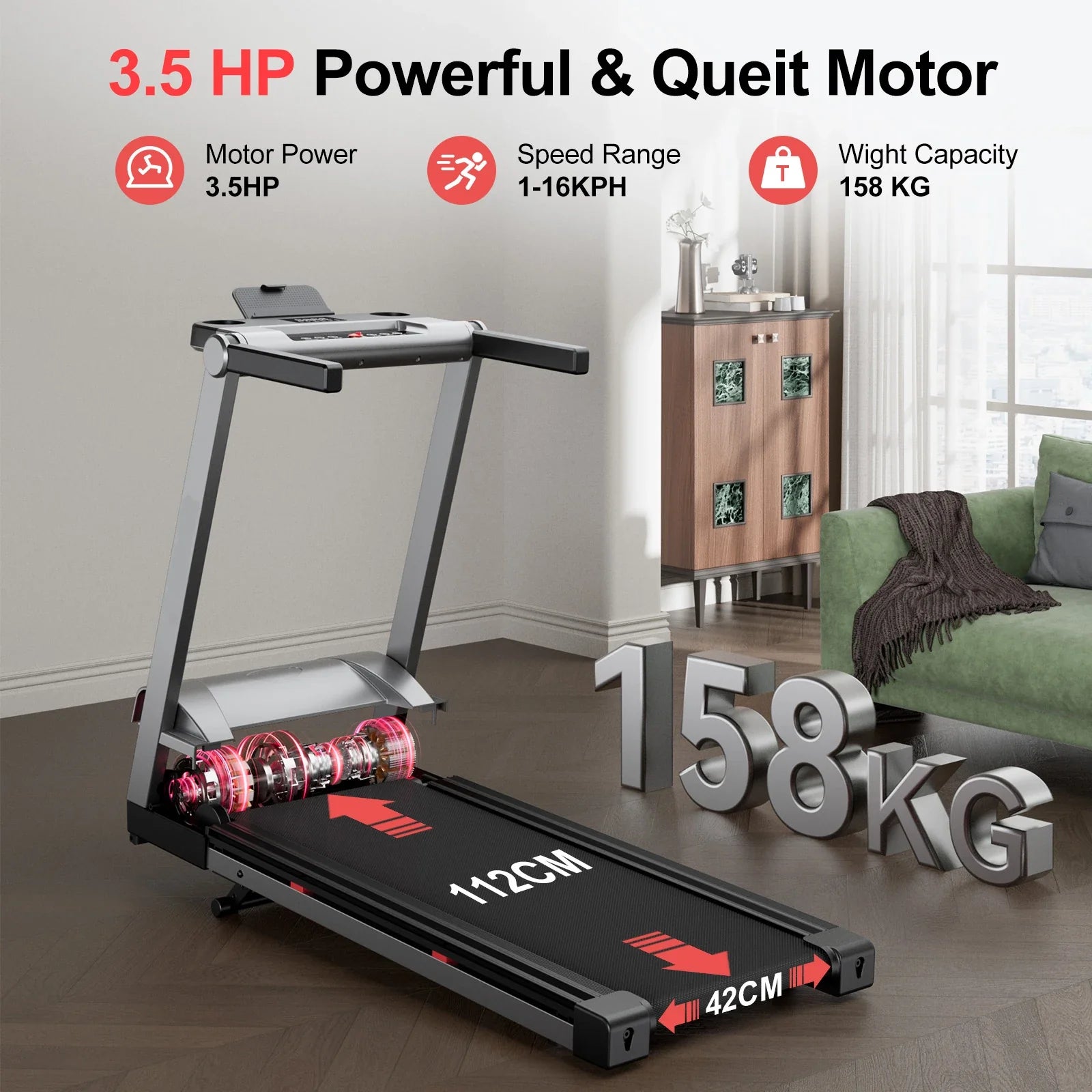 Foldable Incline Home Treadmill 3.5HP — 350 lb, Touchscreen, Smart App