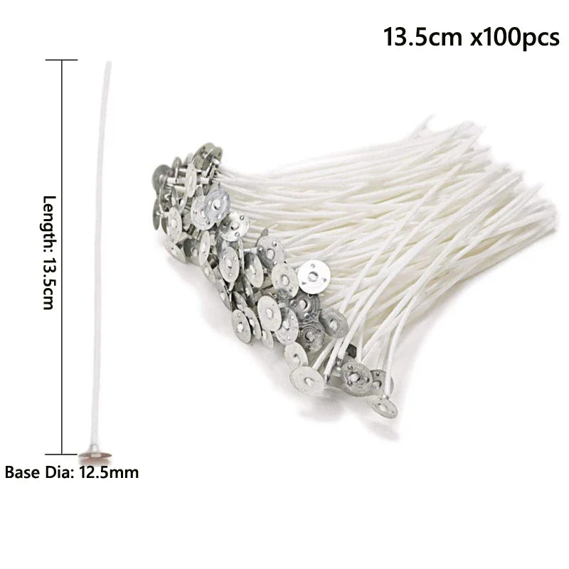 100-Pack Pre-Waxed Cotton Candle Wicks with Metal Sustainer Tabs — 2.5–20 cm (1–7.9 in) Smokeless DIY Candle Making