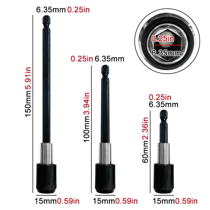1/4-Inch (6.35mm) Hex Quick-Release Screwdriver Extension Rods 3-Pack 60/100/150mm