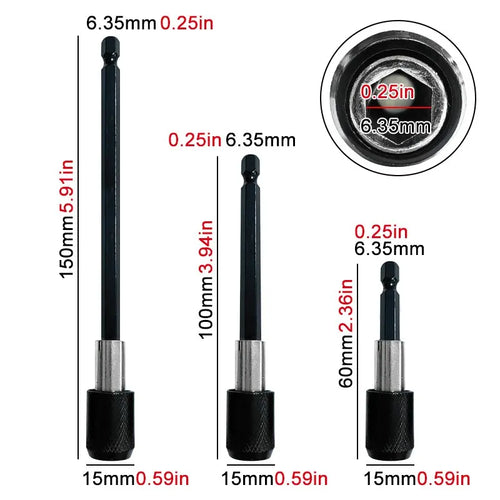 1/4-Inch (6.35mm) Hex Quick-Release Screwdriver Extension Rods 3-Pack 60/100/150mm