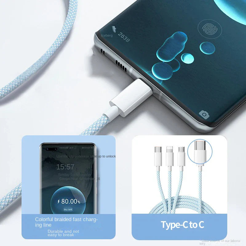 Universal 3-in-1 Fast Charging Cable 100W USB-C Lightning Micro USB Braided 1m/1.5m