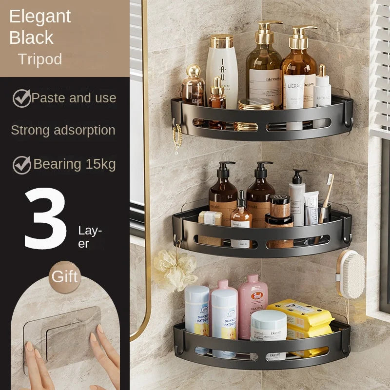 1/2/3-Pack Matte Black No-Drill Adhesive Shower Shelf – Rustproof Waterproof Wall-Mounted Organizer for Shampoo & Towels